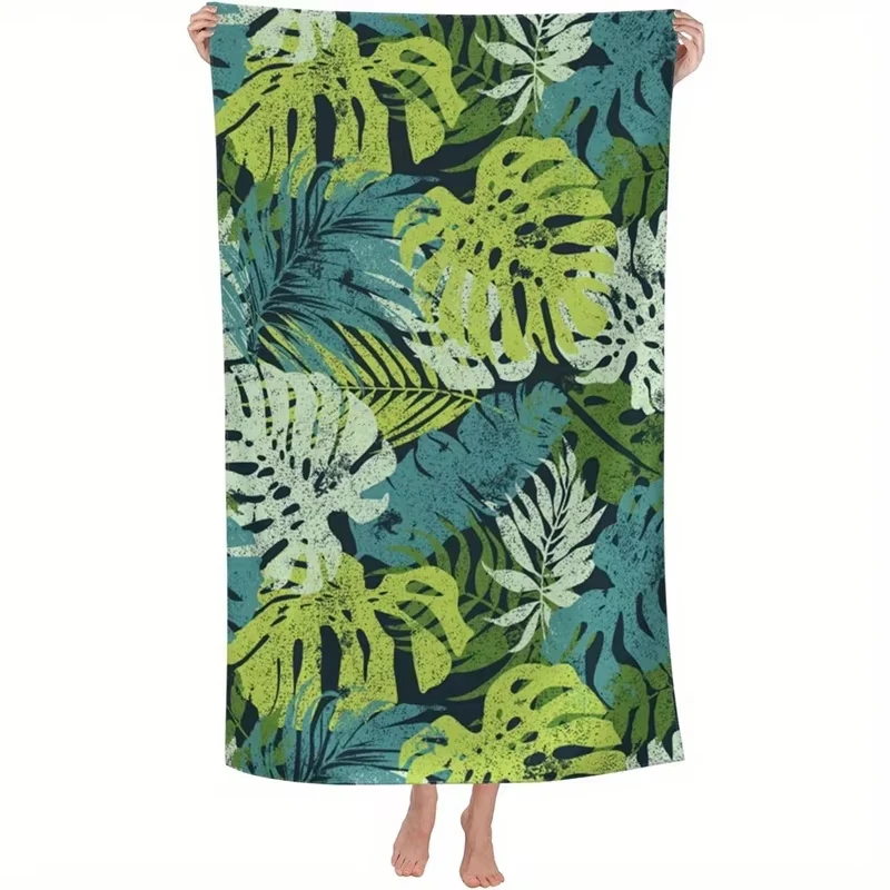 

Green Tropical Leaves Beach Towel, Sun Protection Windproof Quick Dry Soft Blanket for Swimming Camping Travel Pool