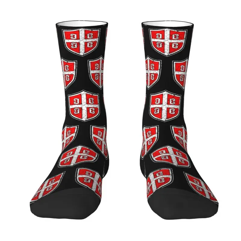 Funny Printing Serbian Cross Flag Socks for Women Men Stretchy Summer Autumn Winter Serbian Coat Of Arms Crew Socks