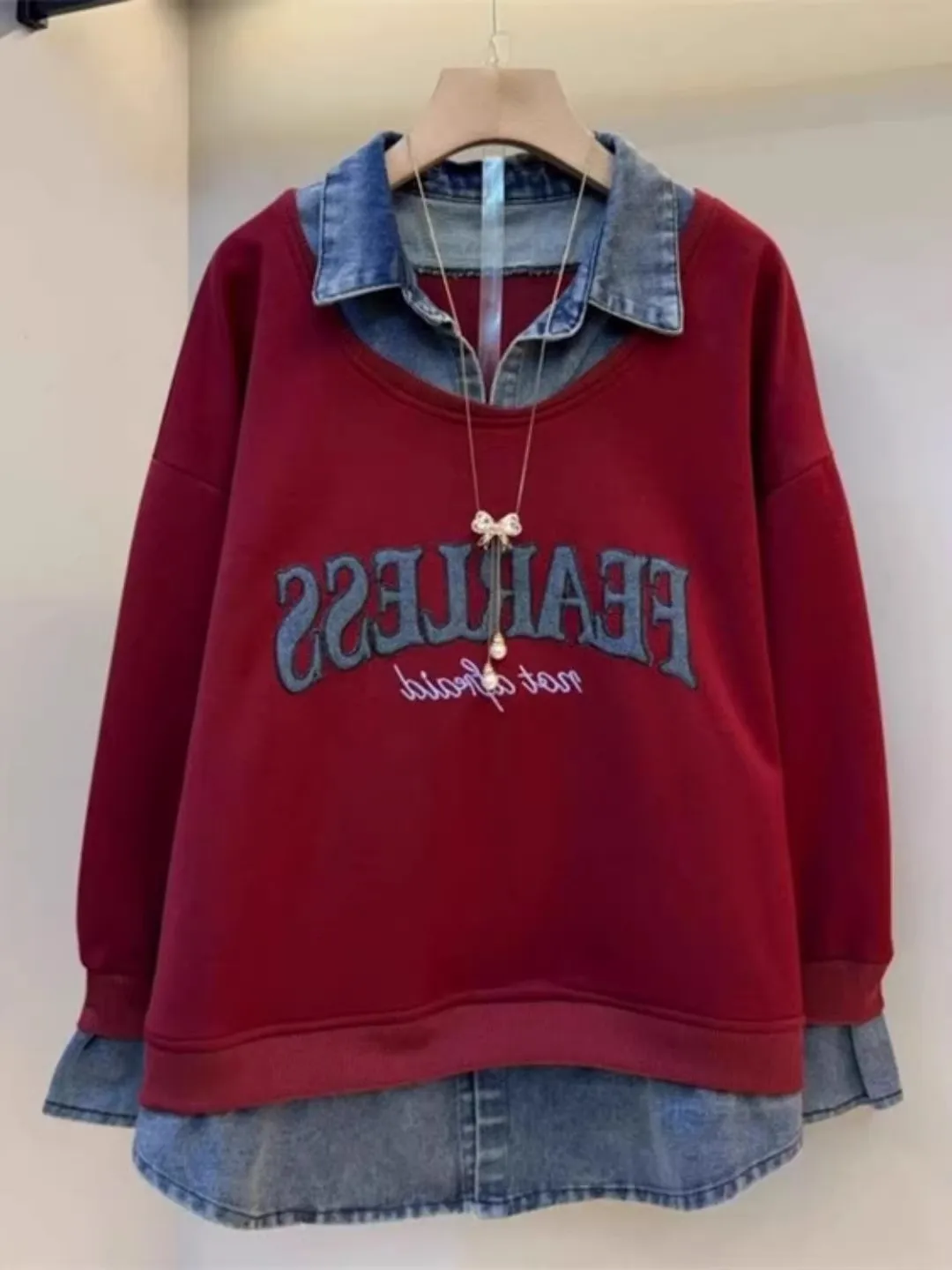 Spring 2026 Large Size Embroidered Letter Patchwork Denim Long Sleeve Sweatshirt Top Women's Loose Fit  Collar Commute Style