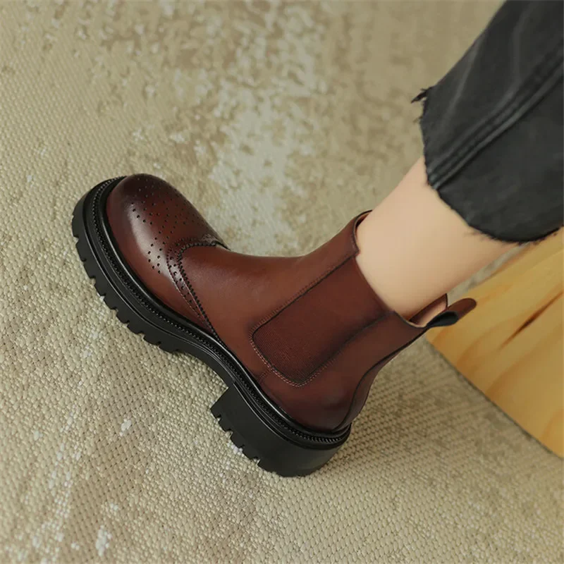 New Autumn Split Leather Women Boots Round Toe Ankle Boots for Women Chunky Heels Platform Boots Fashion Winter Boots Women