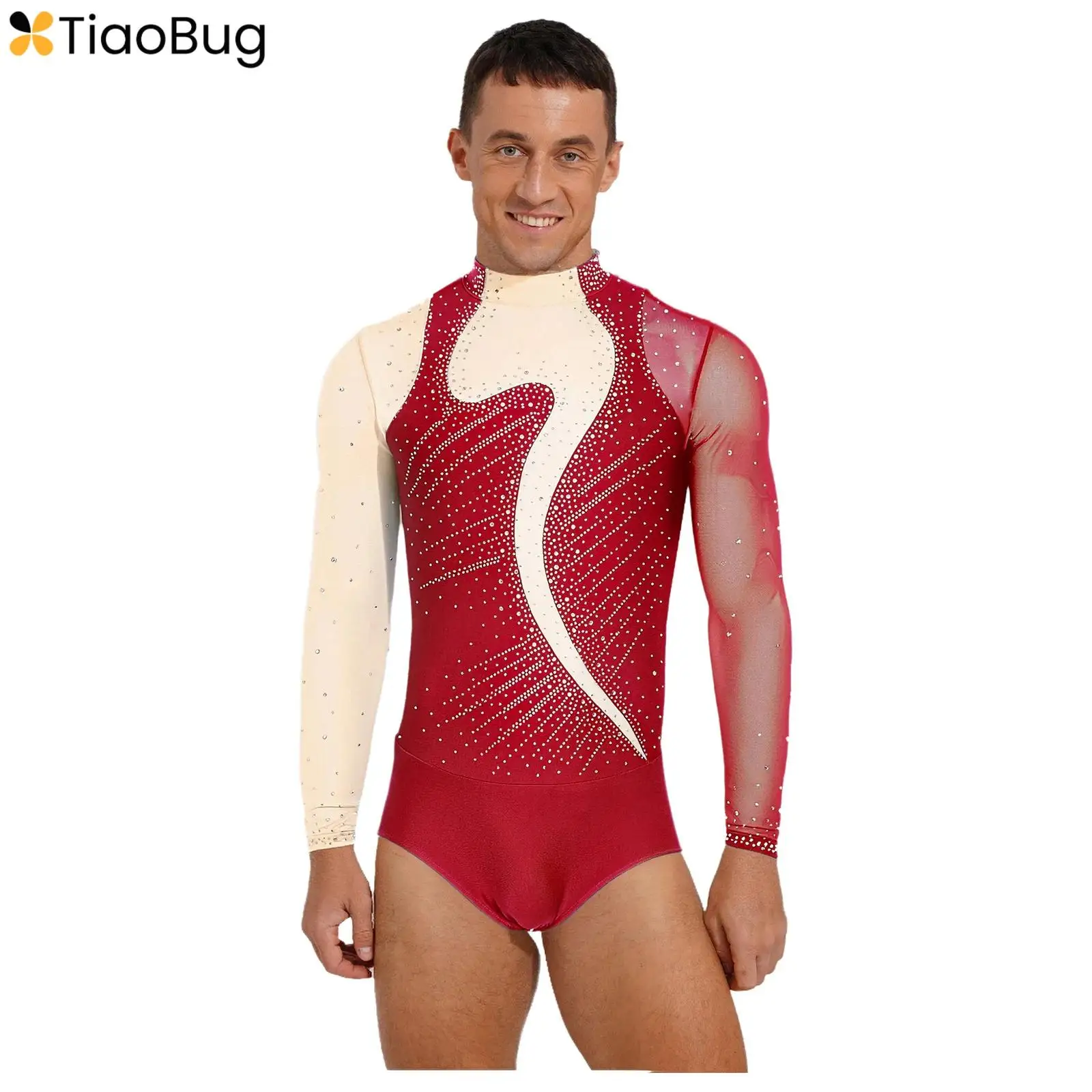 Mens Figure Skating Dance Bodysuit Contrast Color Shiny Rhinestones Crotch Press Buttons Leotard for Gymnastics Training Costume