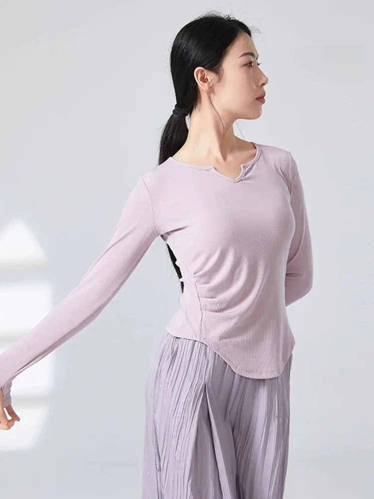 Schlankes, langärmliges, modernes Tanzoberteil mit V-Ausschnitt für Damen, einfarbig, zeitgenössisches Jazz-Probe-Outfit, Übungsbühne, Tanzbekleidung
