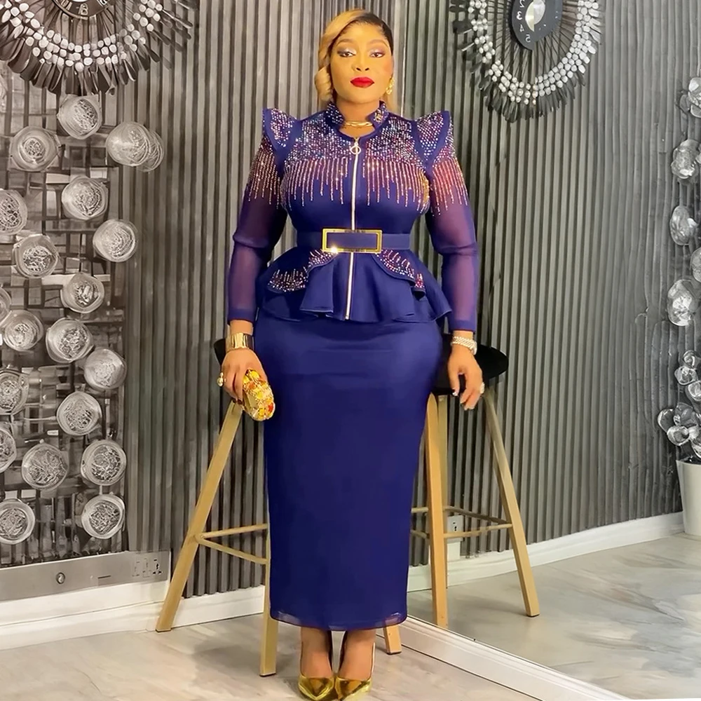 

Африканская одежда для женщин, комплект из двух предметов больших размеров, наряды для свадебной вечеринки, вечернее платье, элегантные женские топы с длинными рукавами, костюм с юбкой