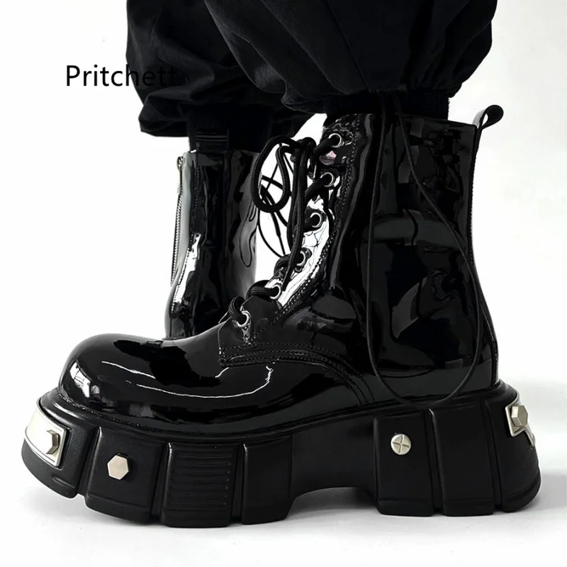 Bottes de moto en cuir verni noir pour hommes, l'offre elles optiques, style punk, décoration en métal rivet, chaussures pour hommes, mode automne et hiver