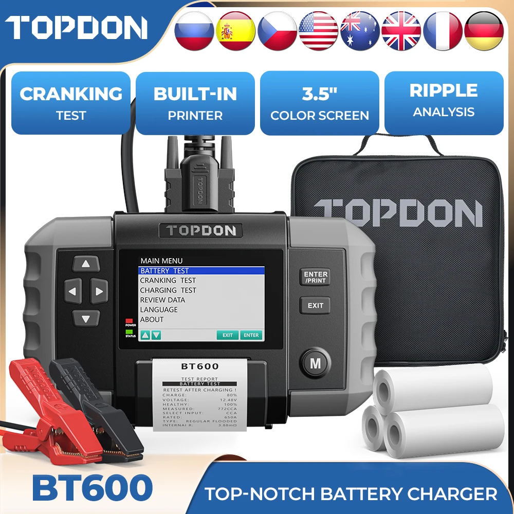 TOPDON BT600 12V 24V Tester akumulatora samochodowego kwasowo-ołowiowy analizator samochodowy z wbudowaną drukarką termiczną akumulator samochodowy