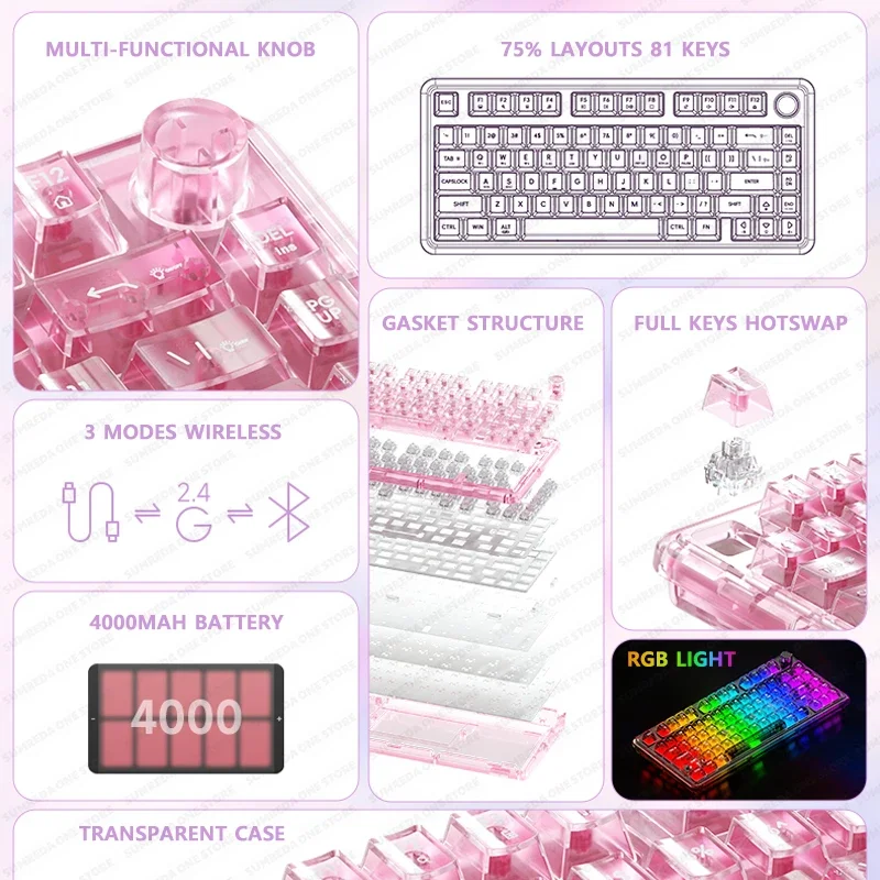 Imagem -02 - Weikav-one 75 Teclado Mecânico sem Fio Transparente para Jogos Bluetooth com Fio Rgb Hotswap Gamer sem Contato