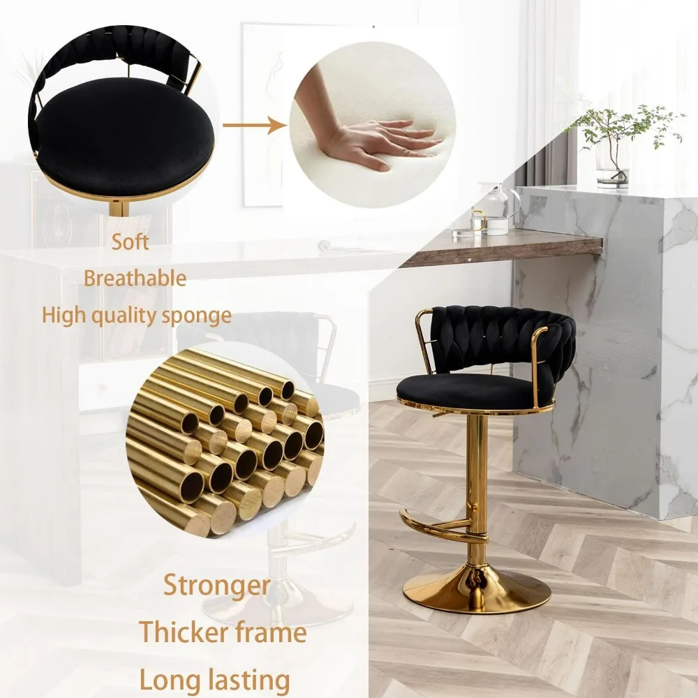 Velvet Bar Stools Set of 2, Counter Height Bar Stools with Low Back, Gold Swivel Bar Stool for Kitchen Island, Pub Stools