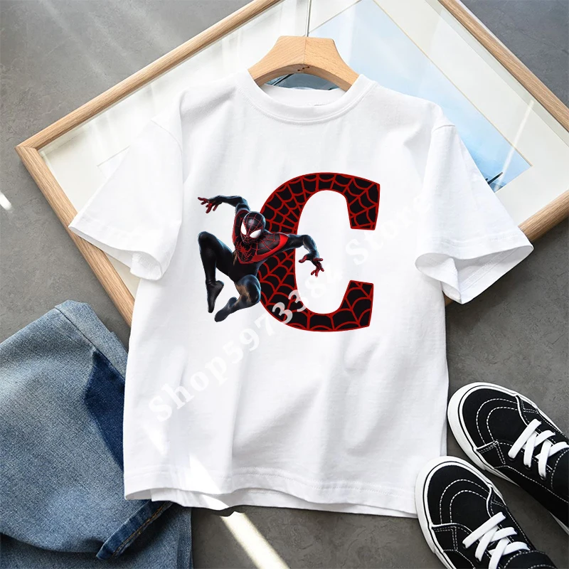 Marvels SpiderMans Miles Morales Boys T Shirt Letter Cotton Clothes Children Tops Summer Breathable Cute Short Sleeve Kids Gifts