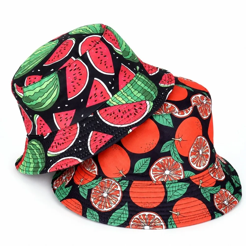 Creative Double-Sided Bucket Hat Fruit Pattern Foldable Fisherman Hat Sun Protection Four Seasons Panama Hat Fishing Activity