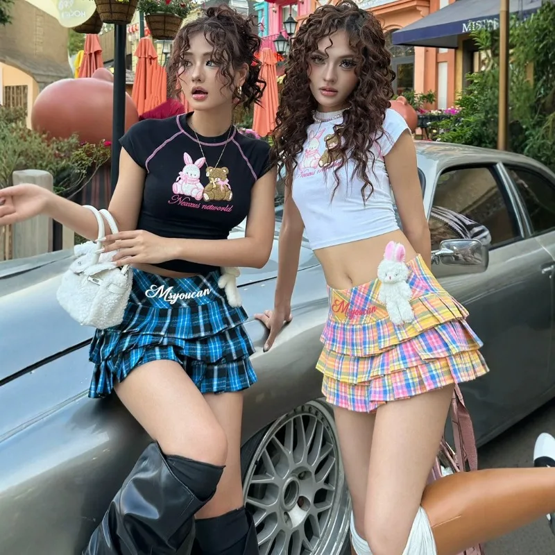 

Hotsweet Cool Girls Sets Rainbow Plaid Pleated Skirt Bear Print Short T-shirt Streetwear Women Slim Tops Low Waist Skirts Set