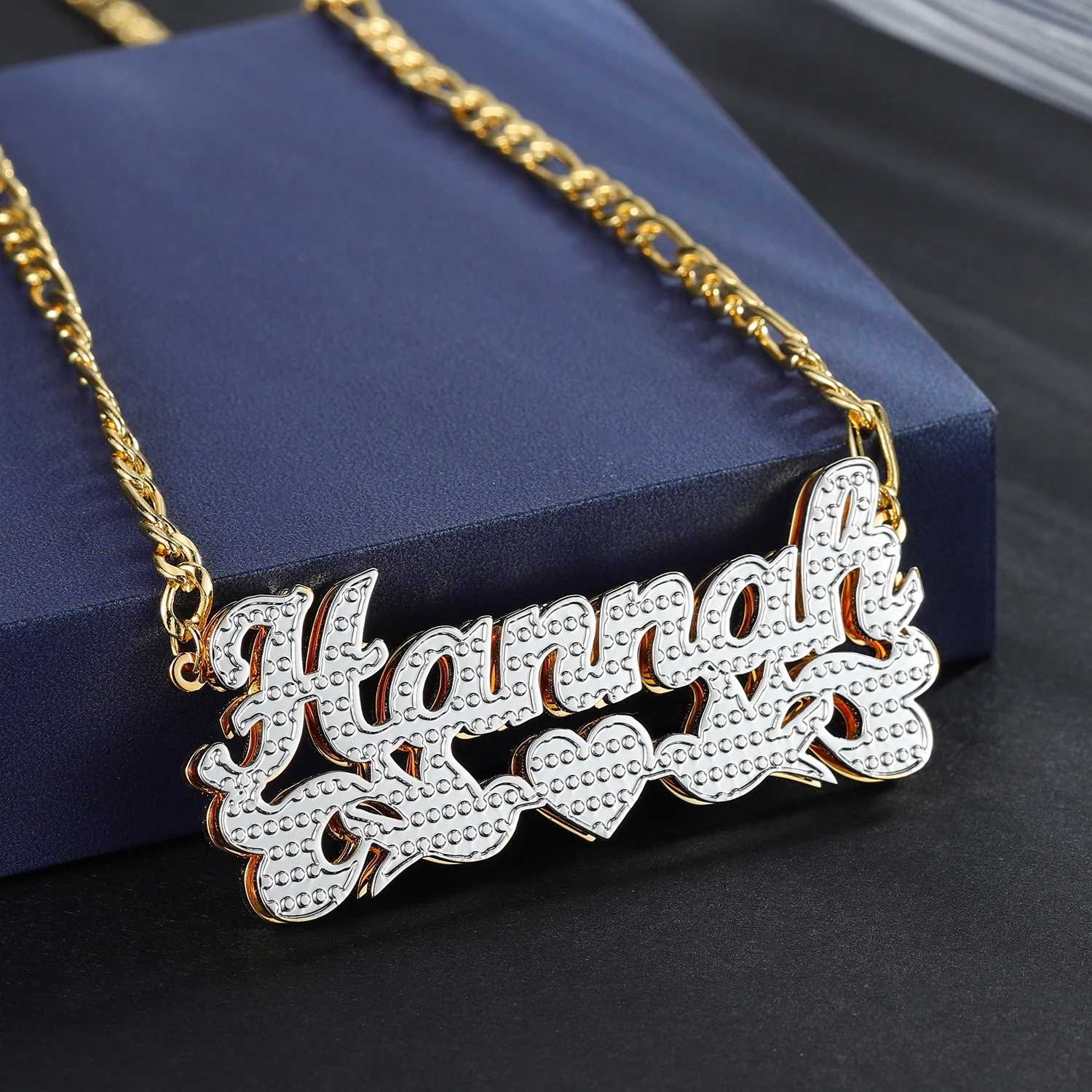 Personalized Nameplate Name Jewelry Customized 3D 18K Gold-Plated Three-Color Optional Love Bottom Frame Pendant Double-Layer