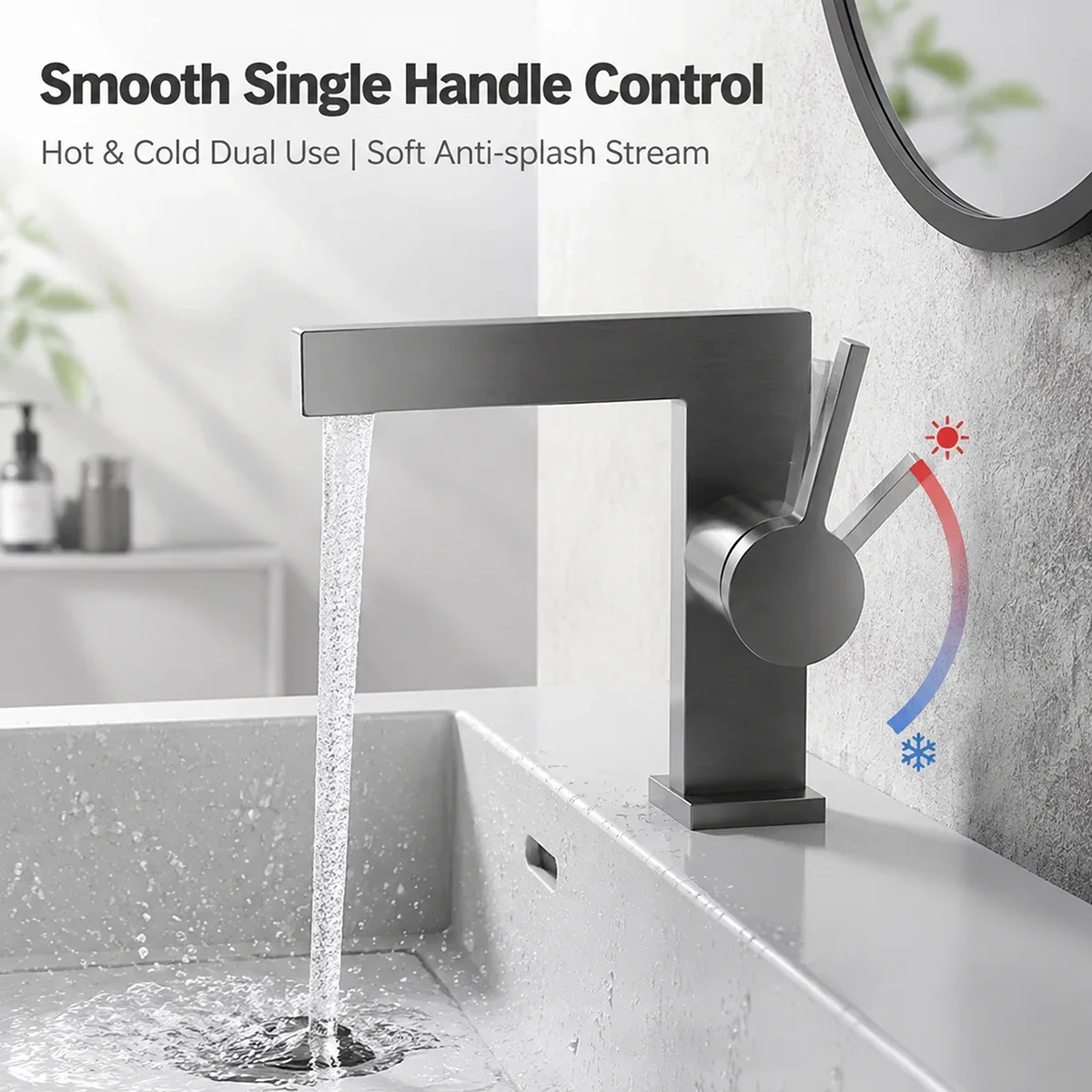 Gun gray square bathroom basin faucet, zinc alloy hot and cold sink faucet, modern and extremely simple handle, washbasin faucet