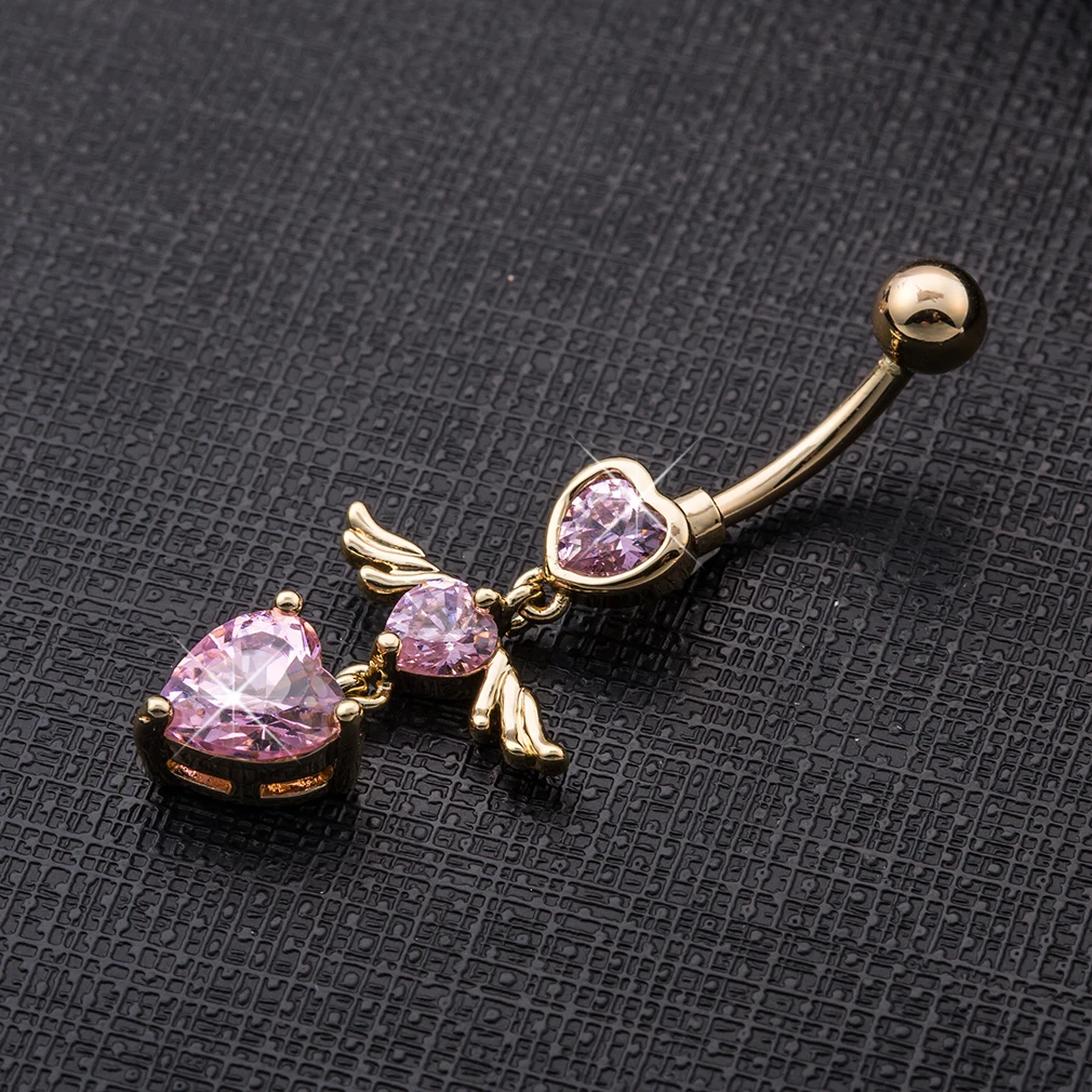 KUNIU 1pc Cute Fashion Angel Wings Heart Shape Zircon Belly Ring Women\'s Fit Piercing Body Jewelry