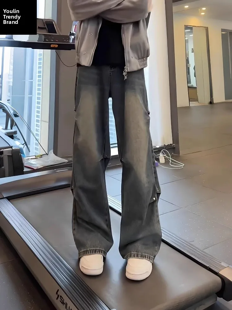 

Retro American Sle Men's Denim Jeans Winter Faion High Waist Bootcut Knife Straight Folded Workwear Trousers