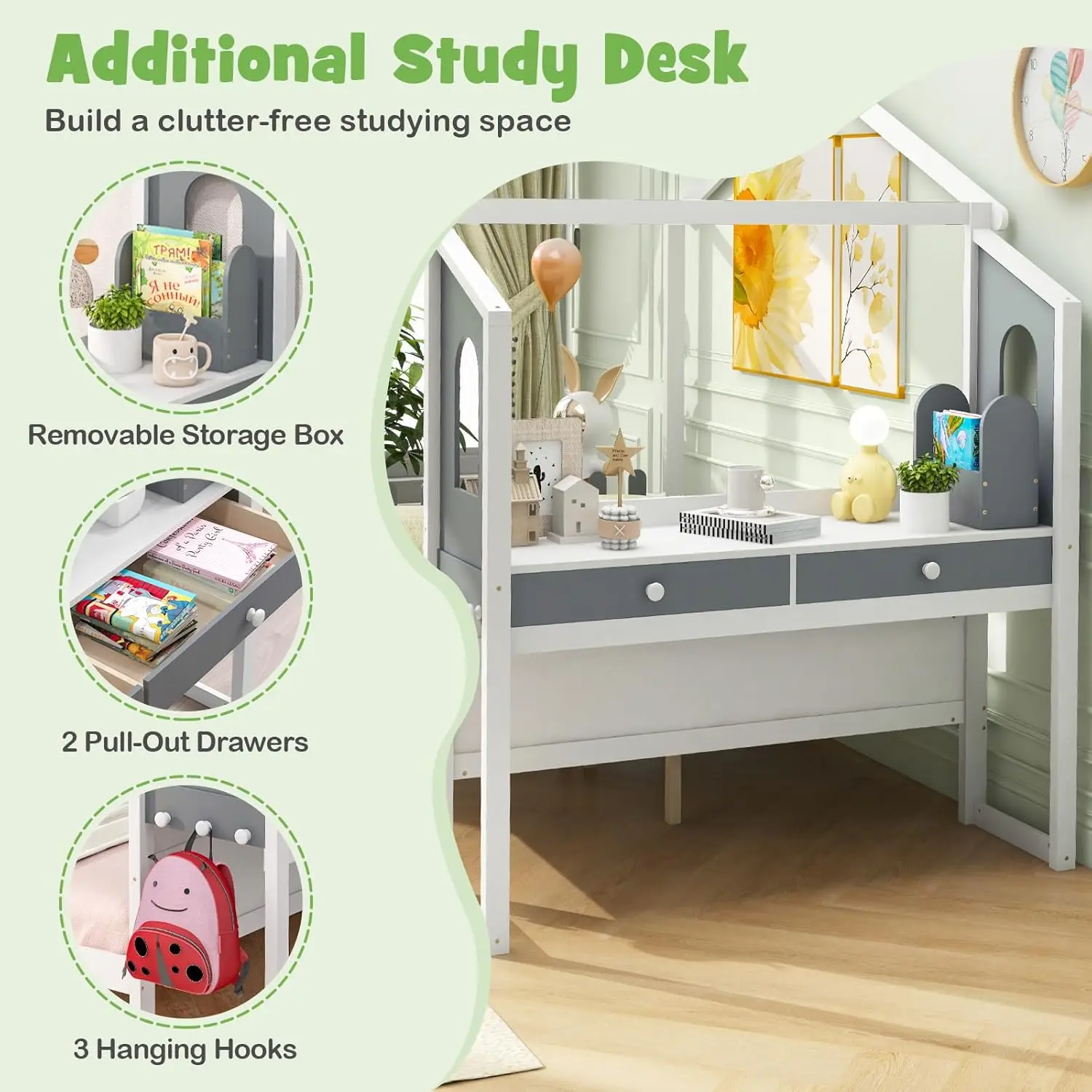 Twin House Bed with Study Desk, Solid Wood Montessori Frame with Roof, Storage Drawers & Hooks, No Box Spring Needed (Twin)