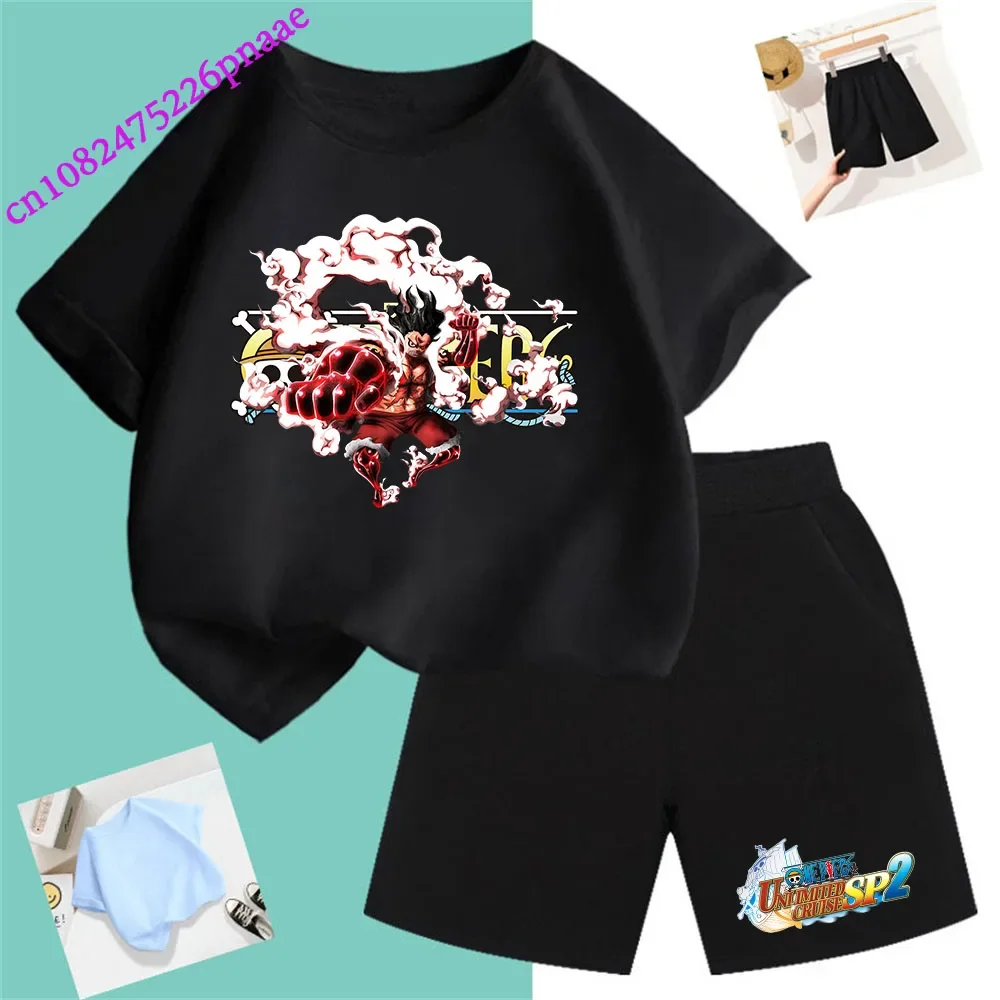 One Piece Pirate King Fashion Summer 2024 Cheap Girl Short T Shirt Kid Clothes Shorts Child Set Fashion Kawaii O-neck T-shirt