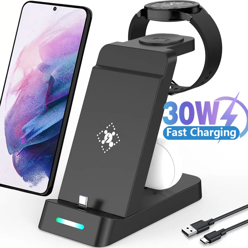 30W Travel Wireless Charger 3 in 1 For Samsung Galaxy S23 S22 Ultra Watch 6/5/4 Active 1 2 Buds 2 Pro/Pro Fast Charging Station