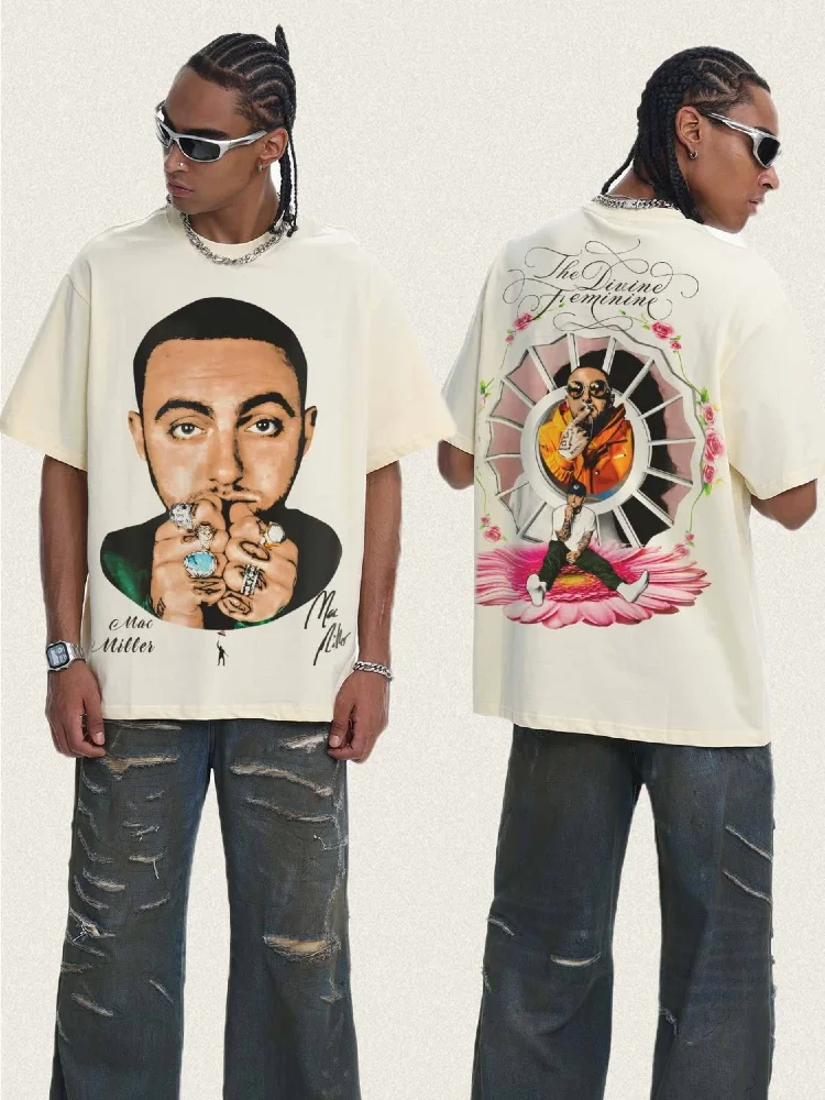 Mac Miller Men's Graphic Print T-Shirt American-Style Spring/Summer Crew Neck Heavyweight 200g Pure Cotton Short-Sleeve