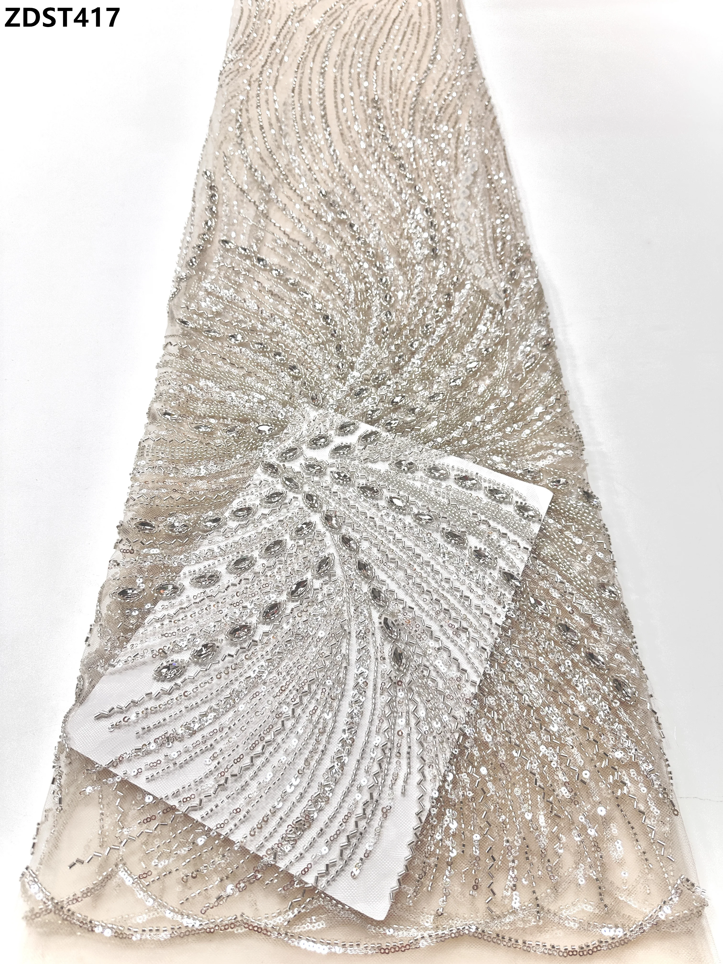 Luxury French Tulle Lace Heavy Mesh 5 Yards Handmade Beaded Rhinestone Sewing Fabric Decor French Style In-stock