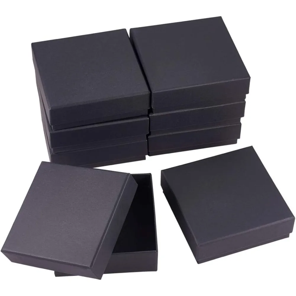 

8 Pack Black Cardboard Jewelry Ring Boxes 4.7x4.7x1.6 Kraft Paper Box Square Gift Box with Sponge for Bracelet Rings
