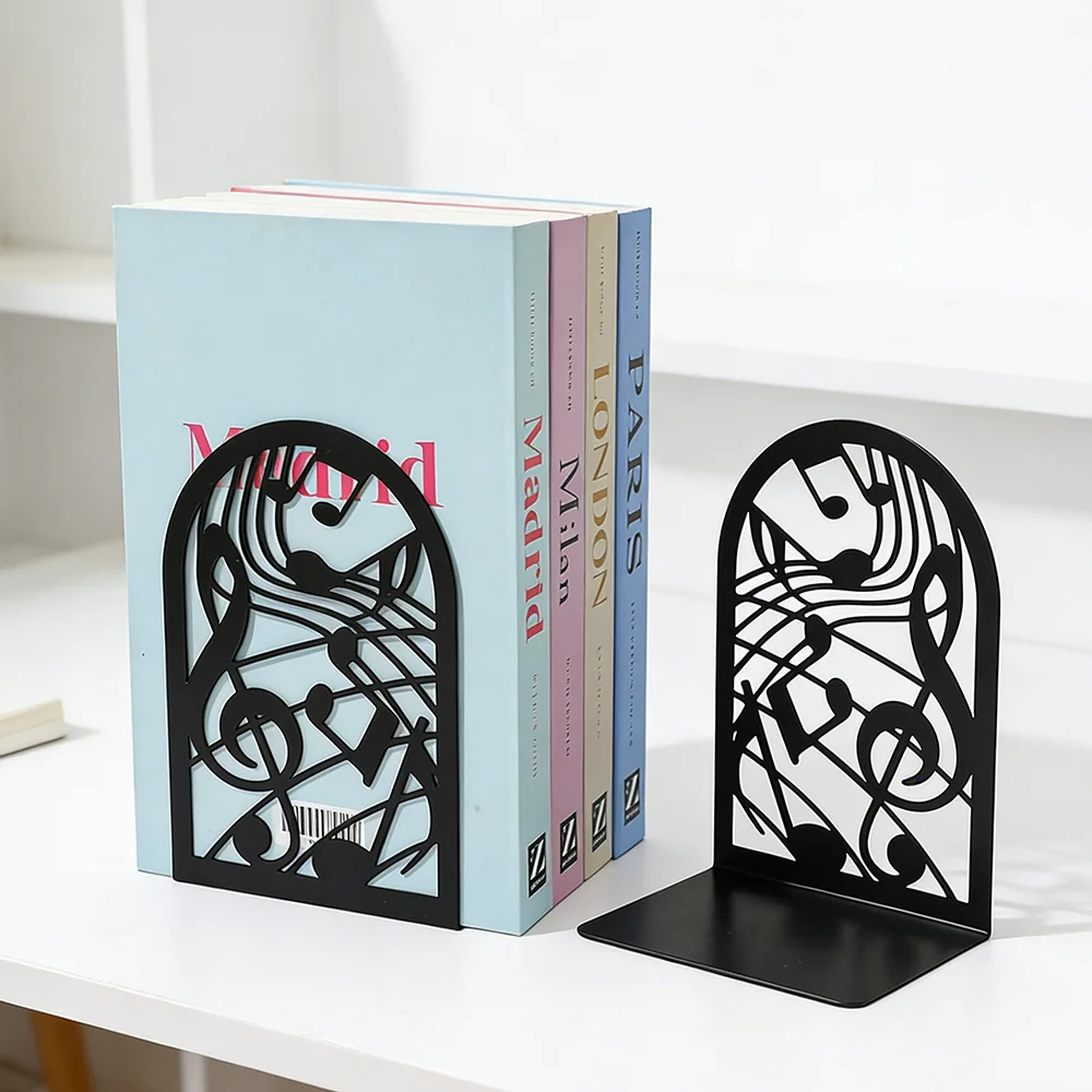 Musical Metal Book Ends Non-Skid Black Unique Bookend Decorative Heavy Book Ends for Shelves Heavy Duty Support Stoppers