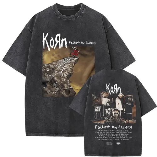 Camiseta Vintage lavada con estampado de doble cara para hombre, camisa de música de Metal Nu raro, gótico, talla grande, Korn Follow The Leader