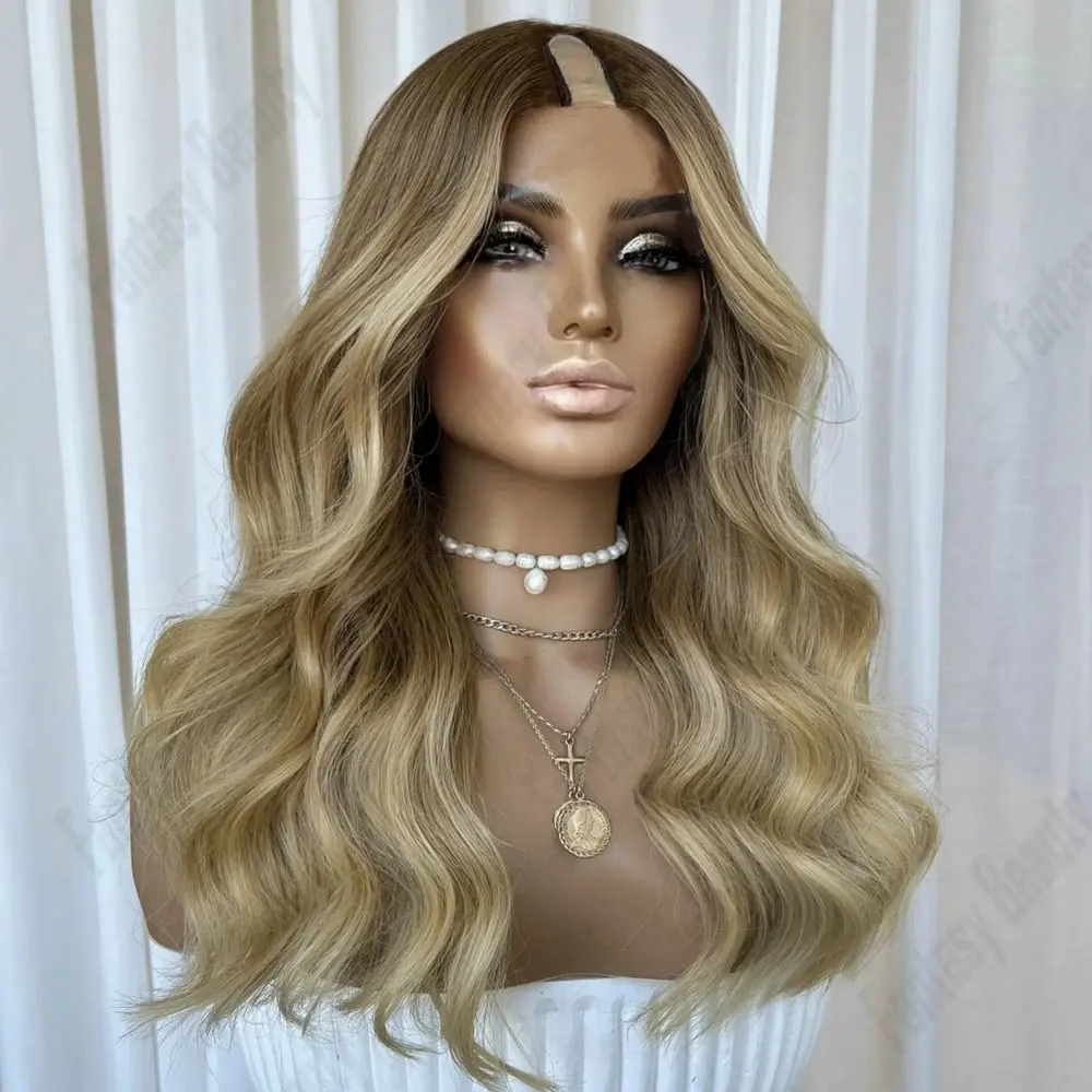 

Glueless V Part Wig 100% Virgin Brazilian Human Hair for Women Easy Wear Ash Blonde Ombre Dark Blonde Roots 1x4 Size U Part Wigs