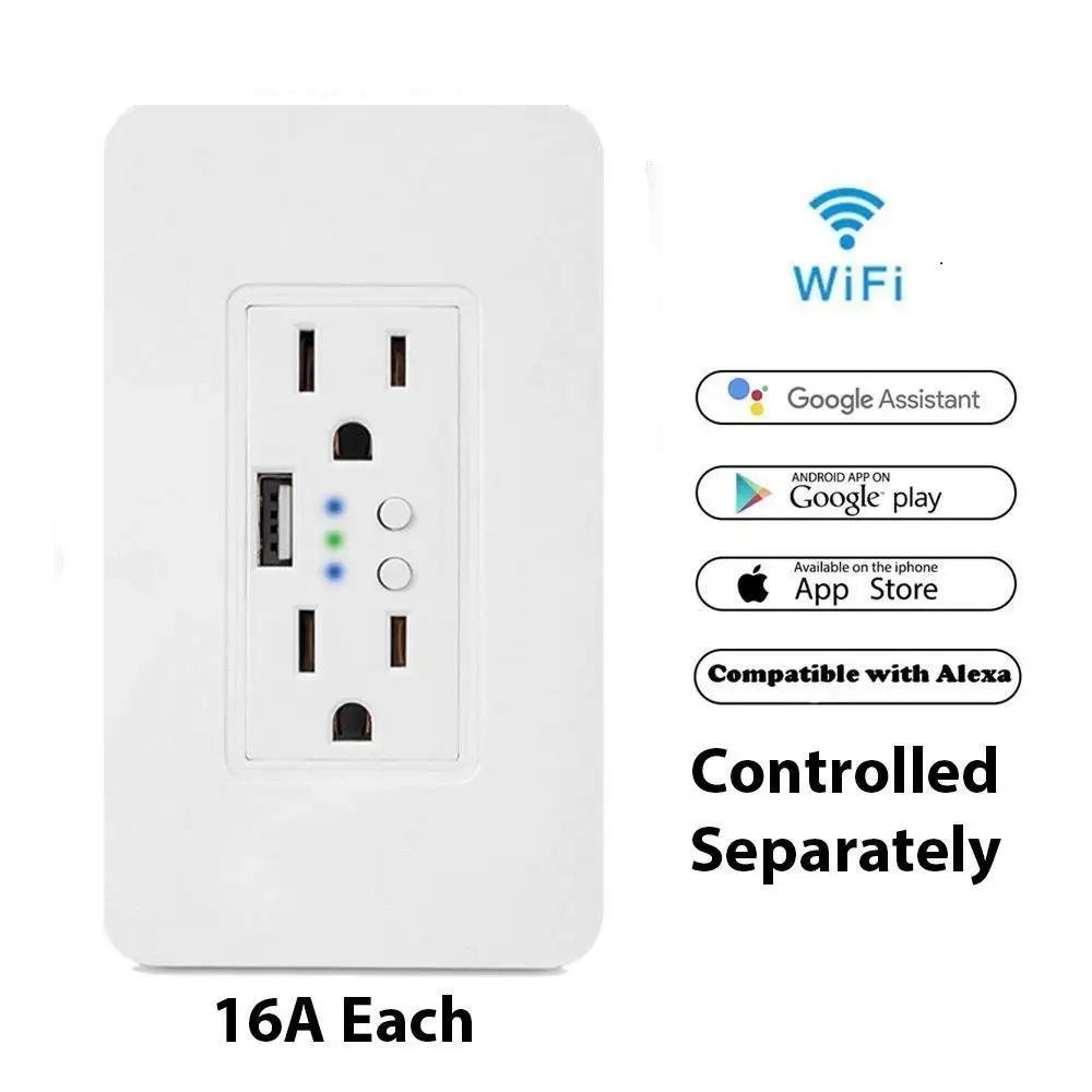 

‌ Настенная розетка Tuya Smart WiFi — двойные розетки переменного тока + USB 5 В/2 А, стандарт США, дистанционное управление через приложение, мониторинг энергии,