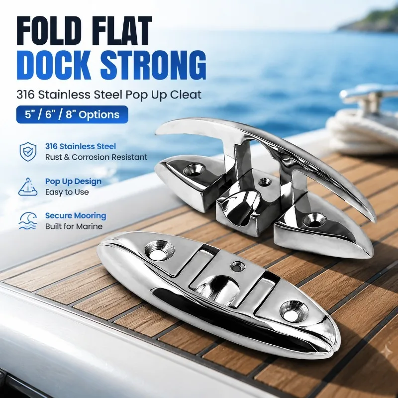 Cleat oculto de acero inoxidable 316 de 5/6 pulgadas, herraje plegable tipo bollard para amarre de yates, kayaks y embarcaciones, y fijación de líneas de amarre en muelles.