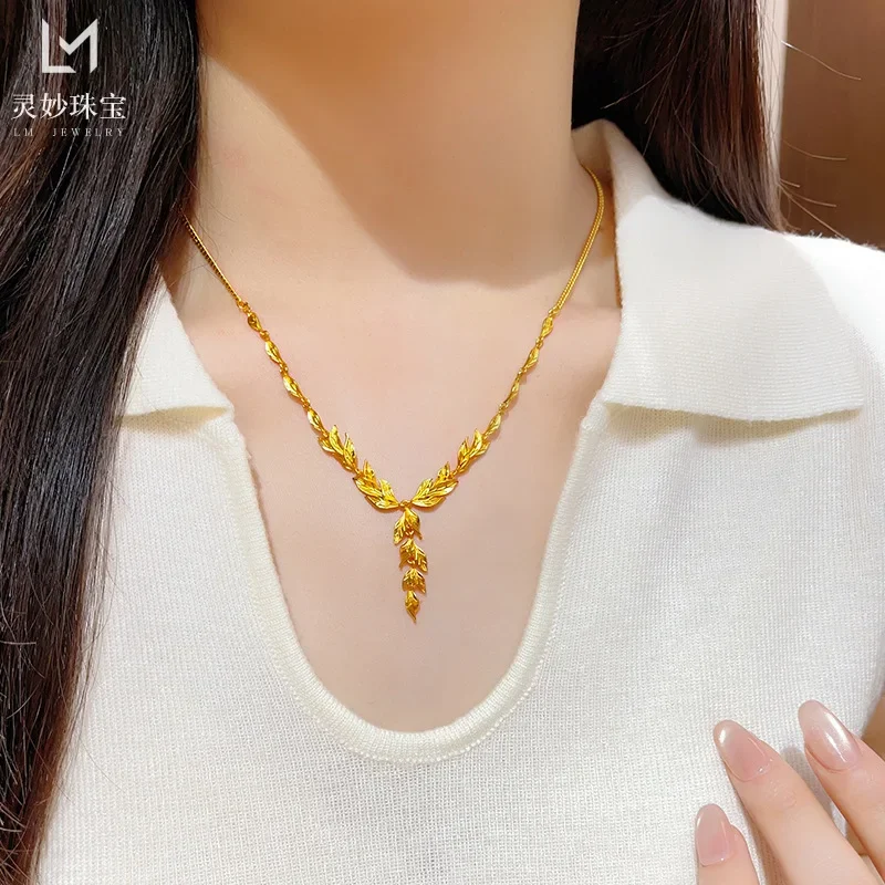 NovaGlod 9999 ancient golden branch and jade leaf necklace happy leaf wheat ear 24K real gold clavicle chain wedding gift for gi