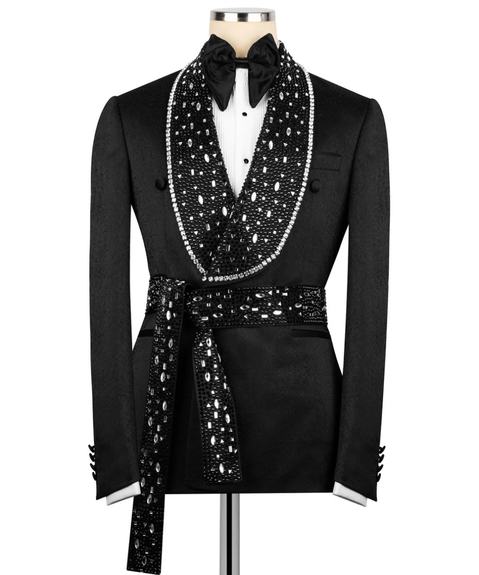 

Роскошный жаккардовый черный свадебный смокинг для жениха с кристаллами и бисером, 2 шт., пиджак, брюки, формальный комплект мужских костюмов для выпускного вечера по индивидуальному заказу