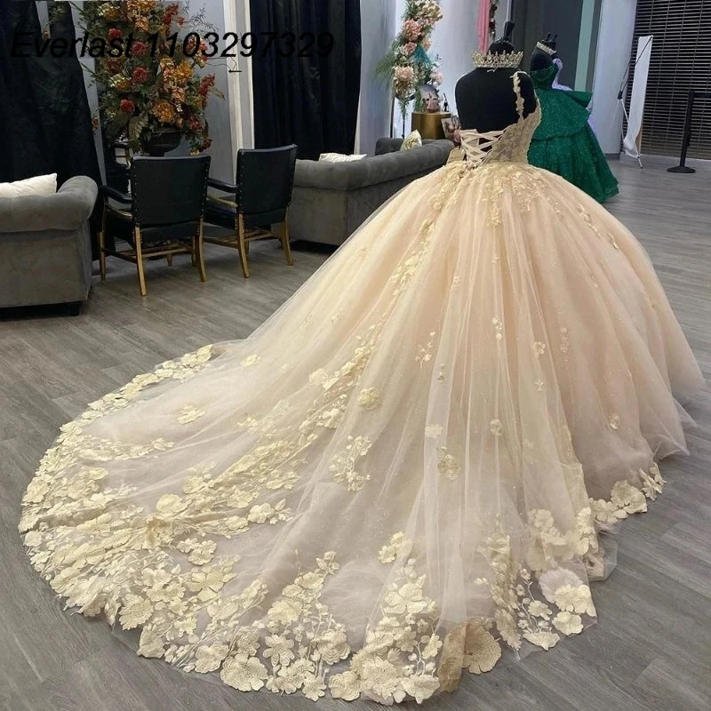 

EVLAST Champagne Quinceanera Dress Ball Gown 3D Flowers Applique Beading Mexican Corset Sweet 16 Vestidos De XV 15 Anos TQD660