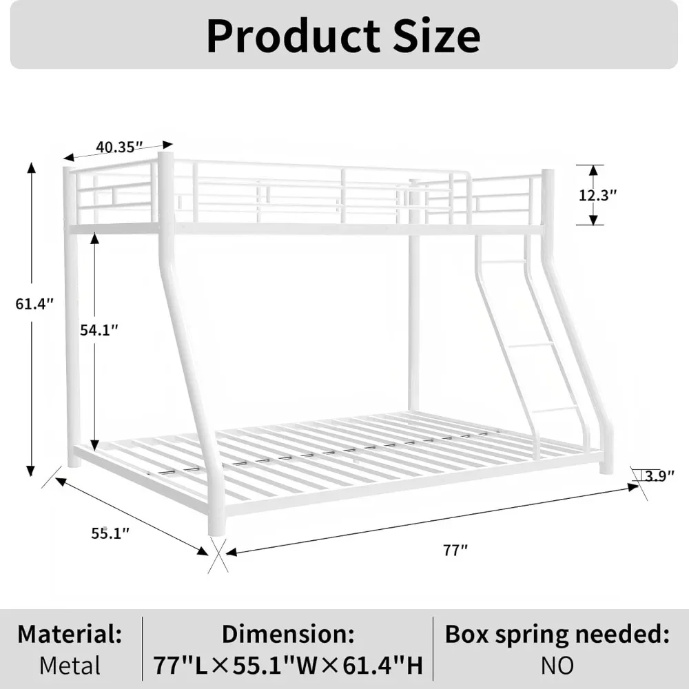 Metal Twin Over Full Size Bunk Bed with Removable Stairs, Heavy Duty Frame, 12" Under-Bed Storage, No Box Spring Needed, White