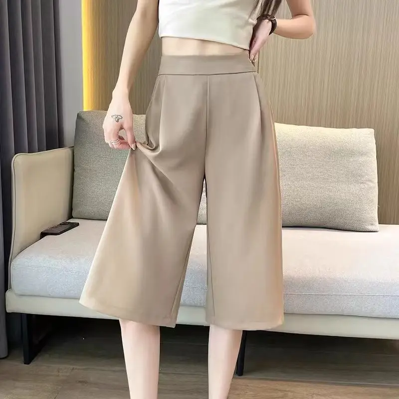 

Women's Clothing Ice Silk Dress Pants 3/4 Length Wide Leg Korean Style Summer Lightweight Straight Cut Casual Trousers New