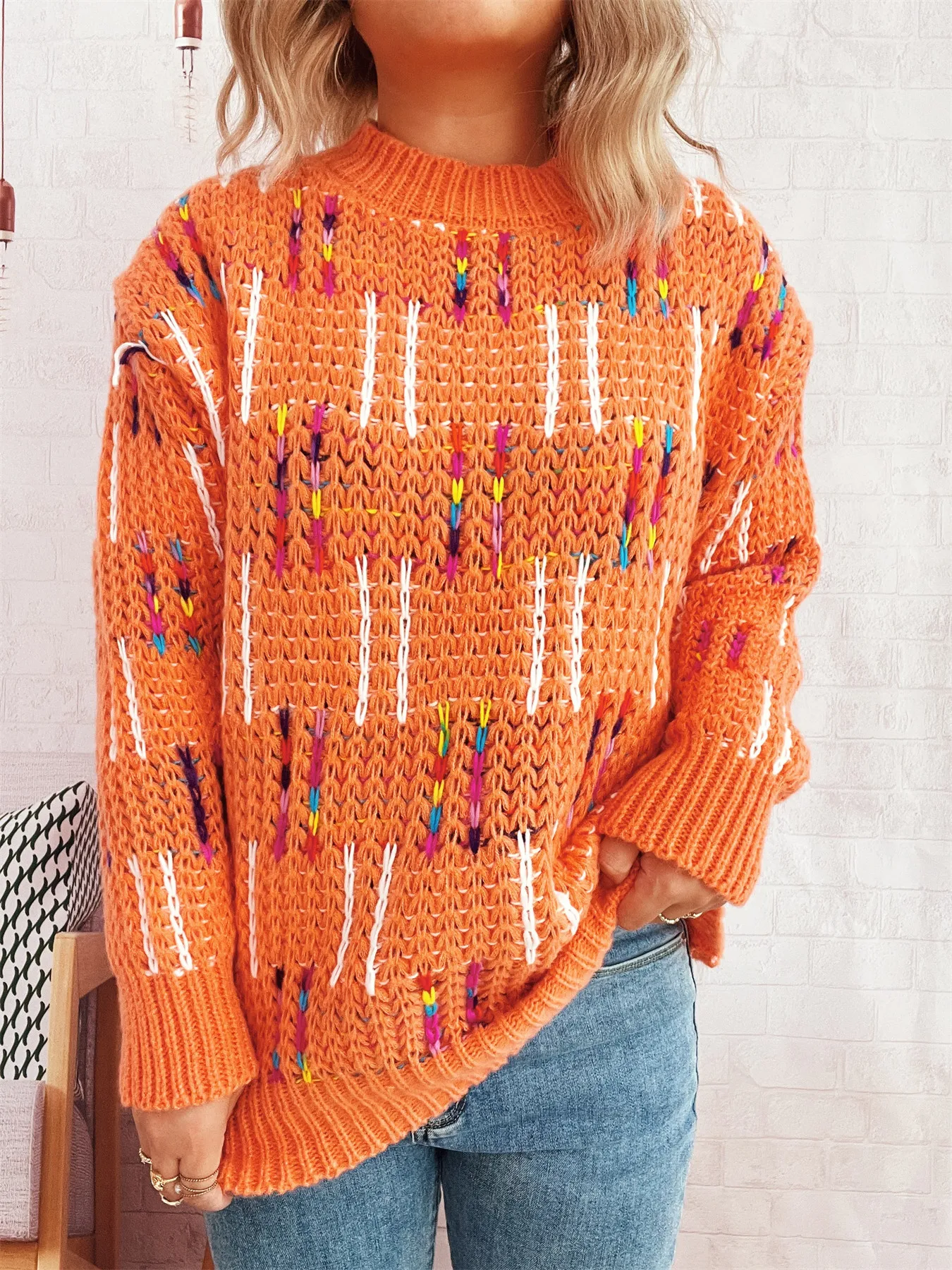 

Autumn Winter Casual Sweaters For Women Fashion Loose Warm Round Neck Long Sleeved Knitted Contrasting Color Sweet Pullovers