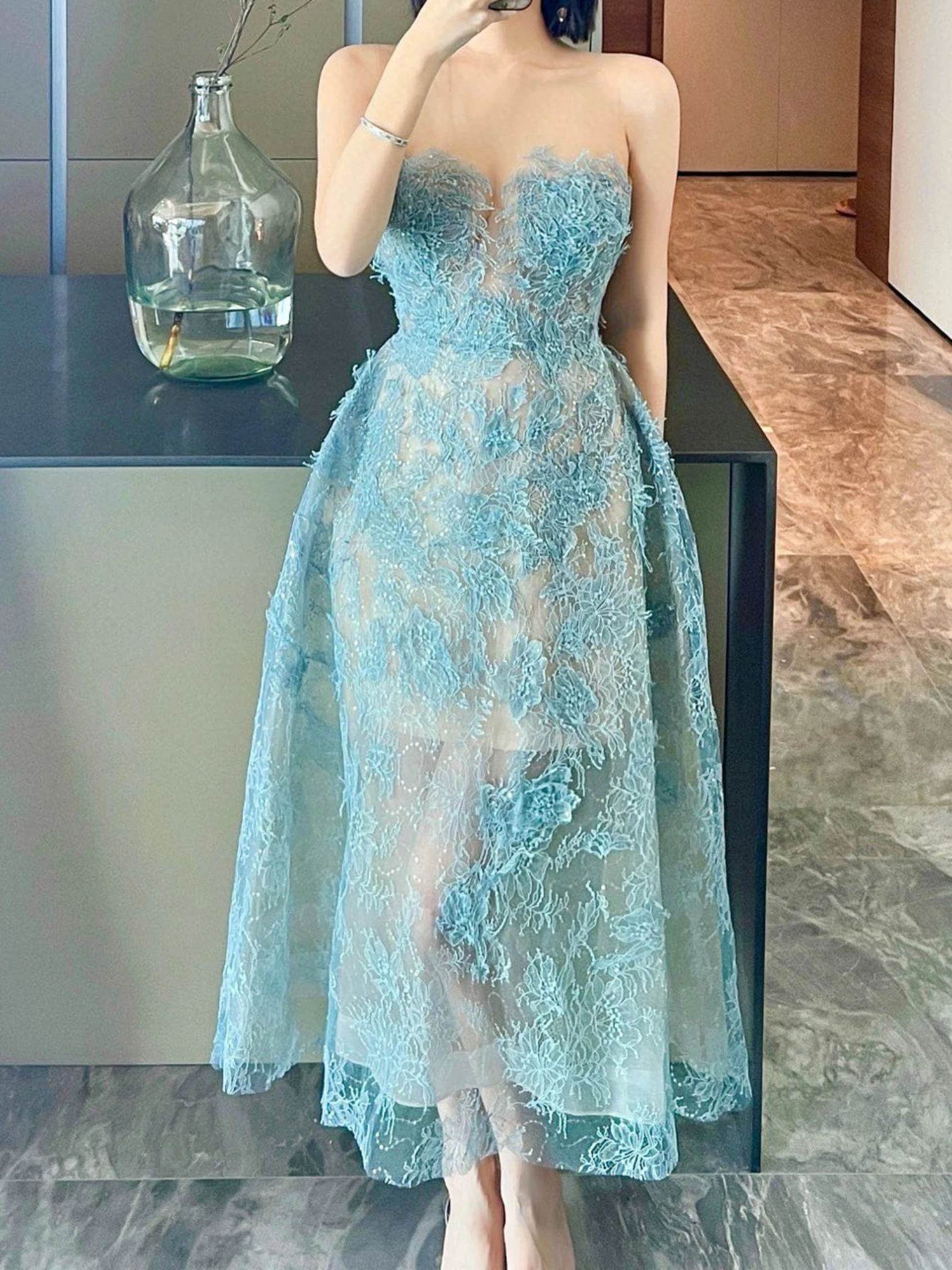 Blue Lace Patchwork Strapless See Through Tube Sleeveless Women Vintage 2024 Fashion Collection Elegant Lady Midi Dress