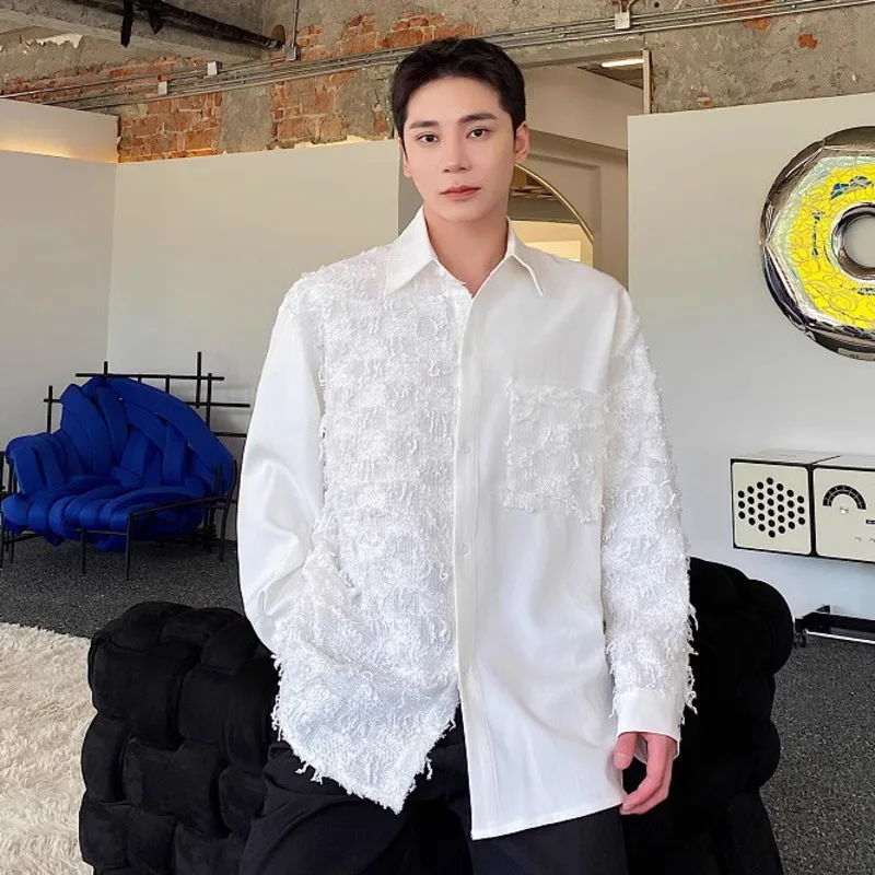 WVGA New Men's Spring Autumn Fashion Tassel Patchwork Trendy Long Sleeve Shirt Niche Chic Casual Turn-Down Collar Top Ins W23214