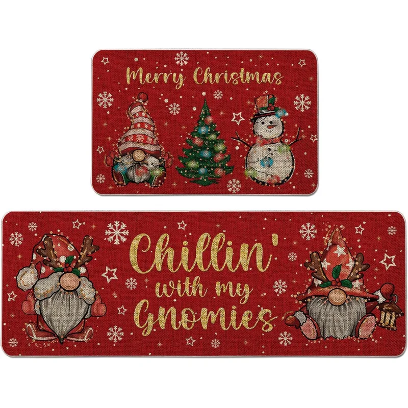 Christmas Kitchen Floor Mat 2-piece Set Dwarf Snowman Home Decoration Outdoor Door Mat 16inX24in 17inX47in