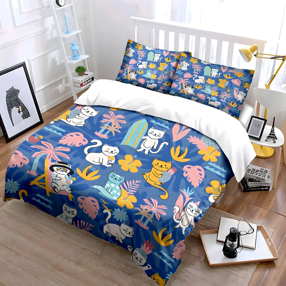 Fun Cats and Tropical Elements Pattern Duvet Cover Set Digital Print Colorful Polyester Bedding with Zipper Closur for gifts