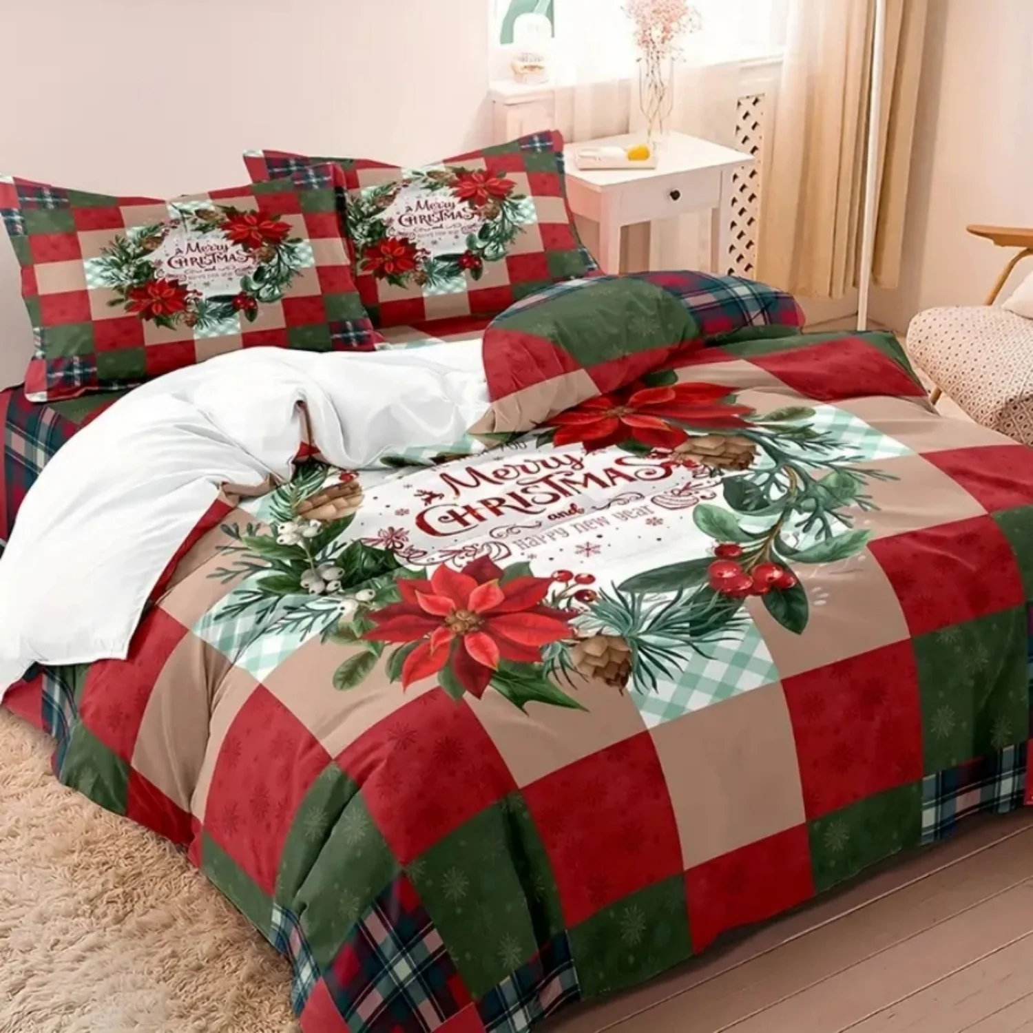 3pcs Christmas Grid Pattern Duvet Cover, Comfortable And Soft Bedding Set For Bedroom Dormitory Room Decoration Christmas Gift