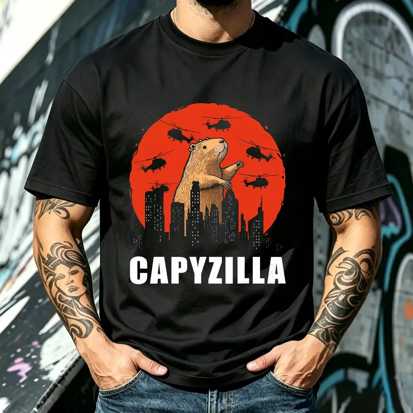 washed T Shirt Capybara Funny Rodent Capyzilla long or short sleeves vintage Washed homme Soft Slightly Breathable streetwear