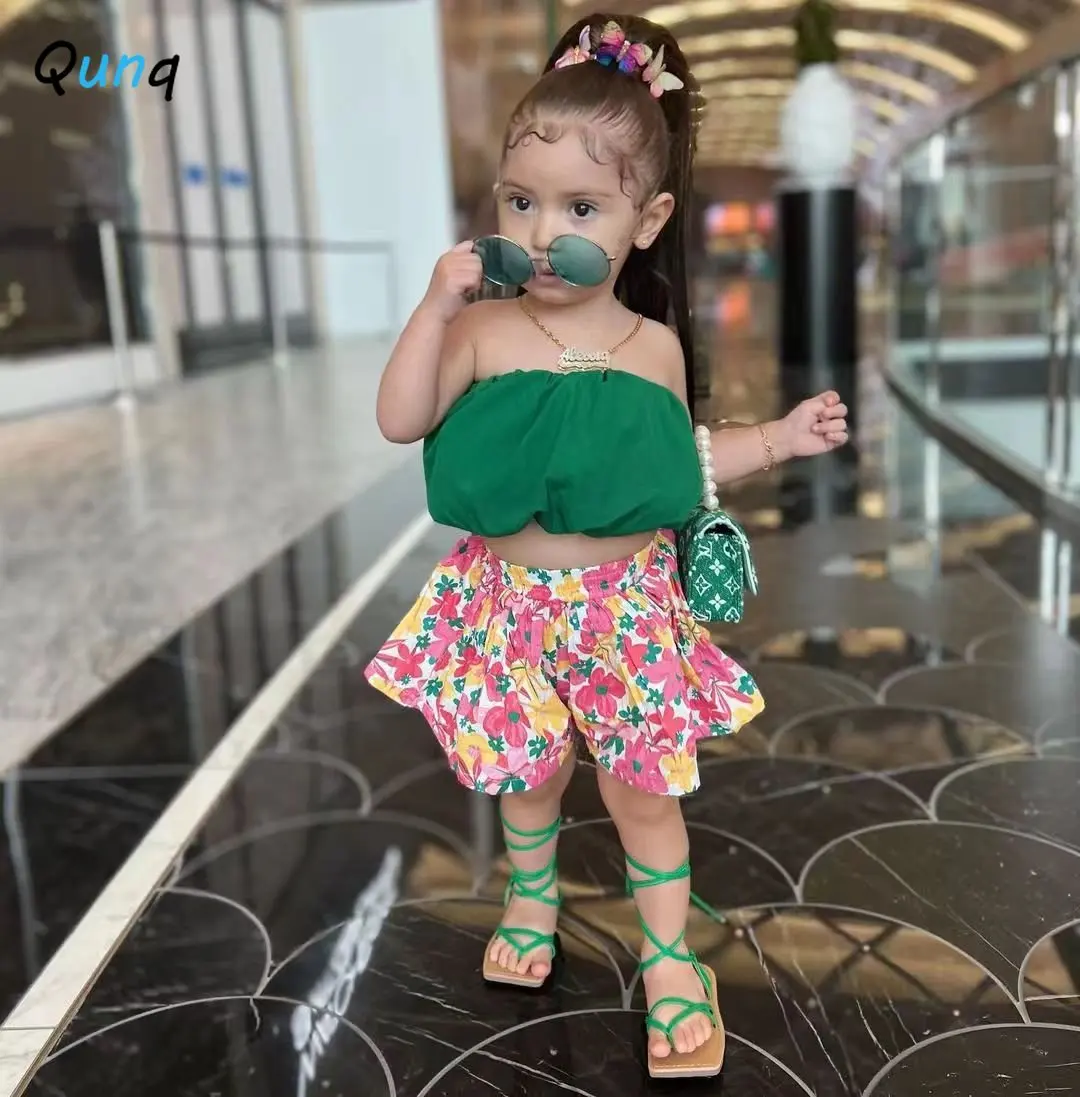 Qunq 2023 Summer New Girls Fashion Strapless Lovely Pullover Crop Top + Floral Shorts 2 Pieces Set Casual Kids Clothes Age 3T-8T