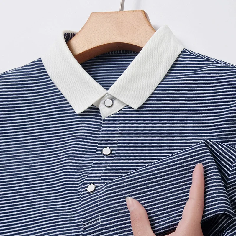 Summer New Men\'s Polo Collar Colored Striped T-shirt Casual Slim Fit Breathable Comfortable and Refreshing Short Sleeved Top