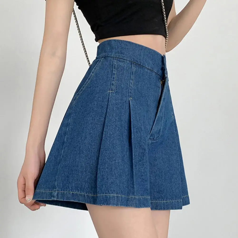 

Summer Women Denim Shorts Women Ruffled Blue High Waisted Shorts Female Elastic Short Jeans Wide Leg Casual Short Pants Commuter