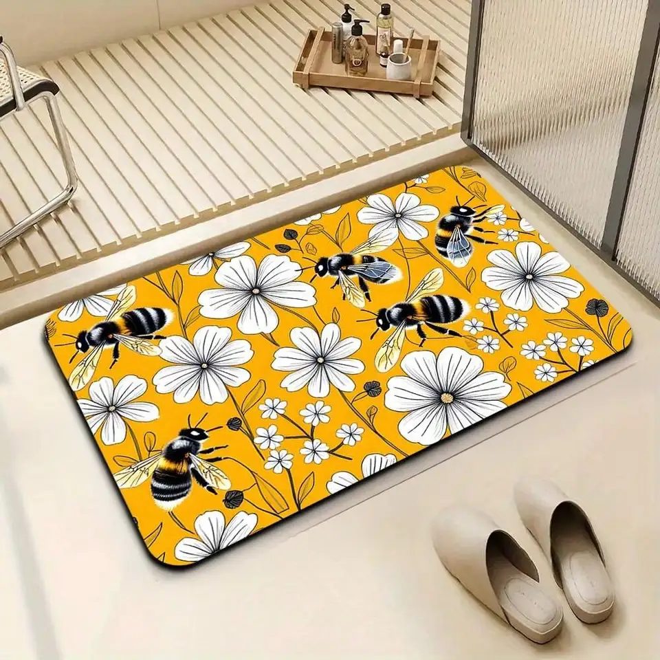 Luxurious Flannel Bathroom Mat Golden Bee Pattern
