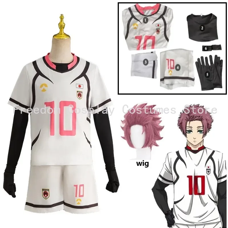 Anime Blue Lock Itoshi Sae Cosplay Costume U20 Competition White Pink No.10 Football Team Uniform Wig Man Campus Gymnastics Suit