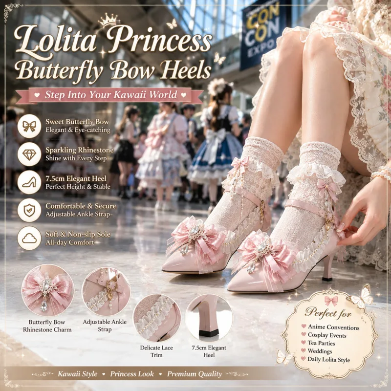 Butterfly Bow Mary Jane Lolita Shoes Princess Cosplay Pink Pointed Toe High Heel Wedding Bridal Party Footwear Holiday Gift New
