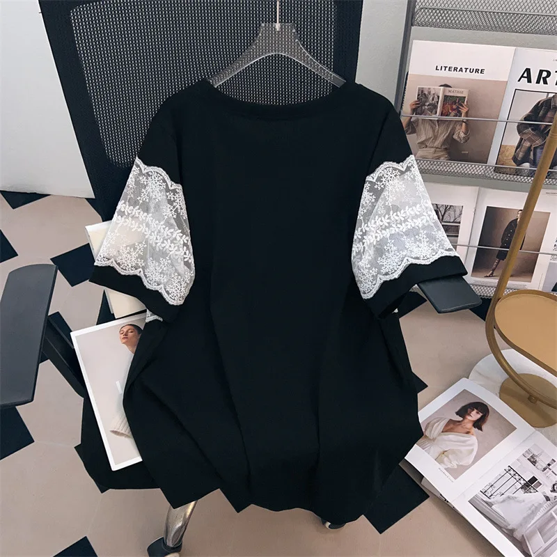 170kg plus size busto feminino 170 verão solto em torno do pescoço manga curta renda camiseta preto branco 4xl 5xl 6xl 7xl 8xl 9xl