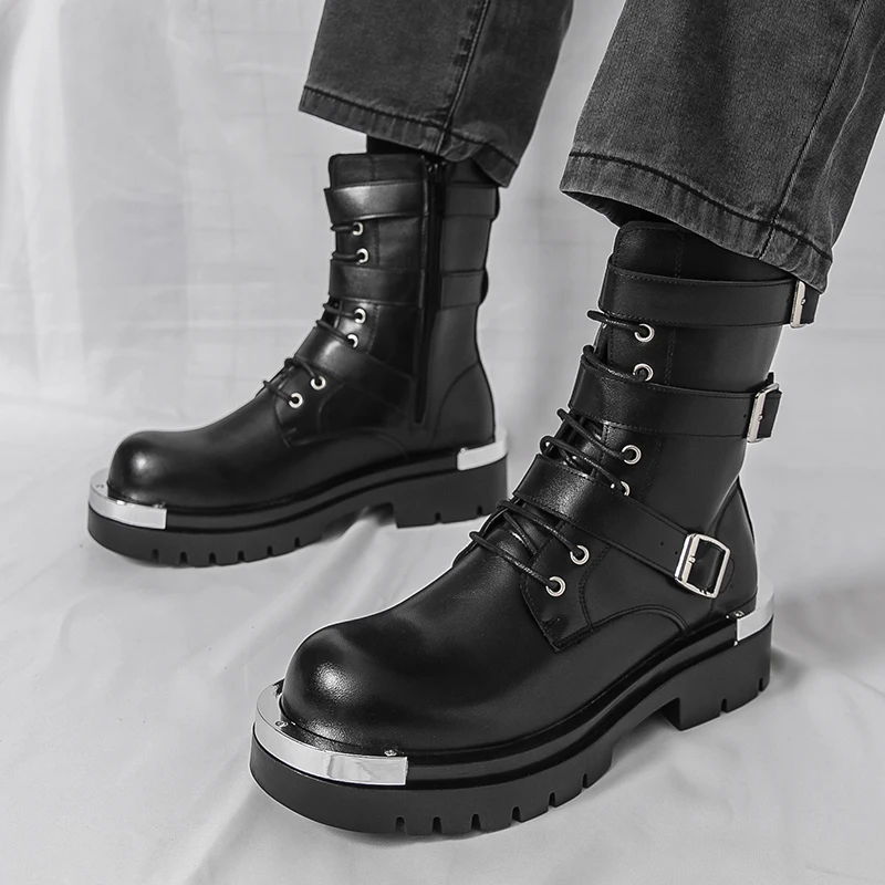 

Punk Black Locomotive Trend 2025 Spring High Top Metal Cowboy Height Medium Leather Motorcycle Boots