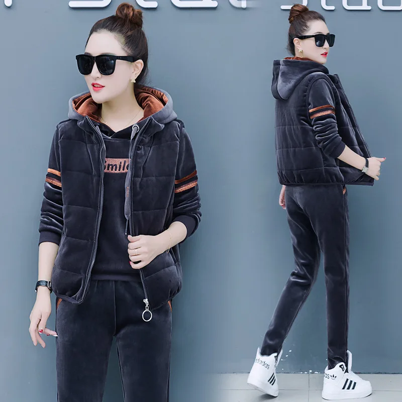 Winter Thick Velour Women Sport Suit Warm Hoodie Sweatshirt+pant+jacket Casual Jogger Running Outfit Set Sportswear Tracksuit